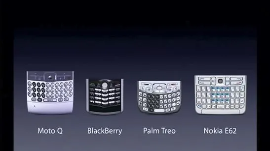 Keynote slide of four 2007 smartphones with fixed keyboards: Moto Q, BlackBerry, Palm Treo and Nokia E62