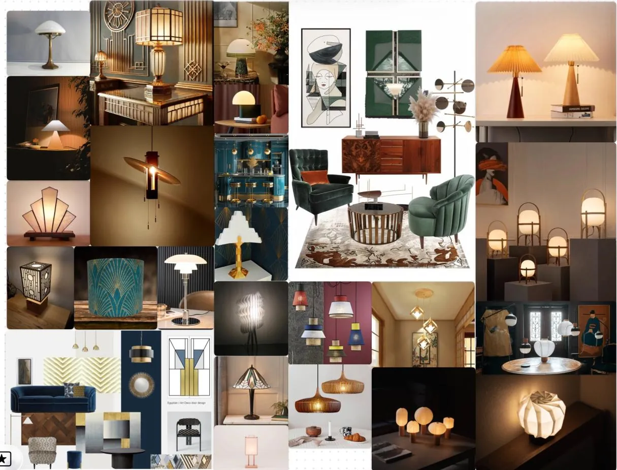 Moodboard of Art Deco and Japandi lamps, brass details, ribbed glass and warm interiors