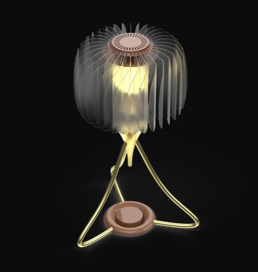 Night render of AuraBloom with the brass base reflecting the glow