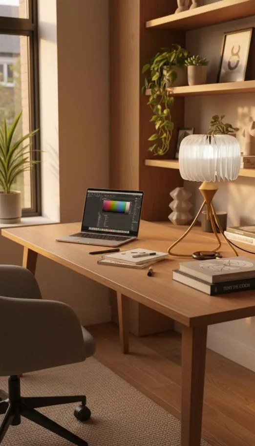 Render of AuraBloom on a study desk beside a laptop, shade closed and glowing