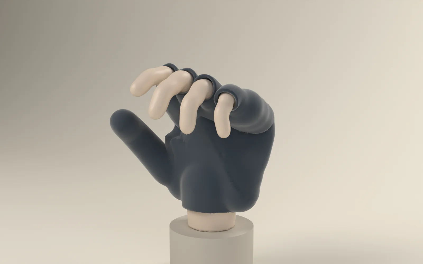 A slate fingerless glove fitted to the test hand, following the curled fingers