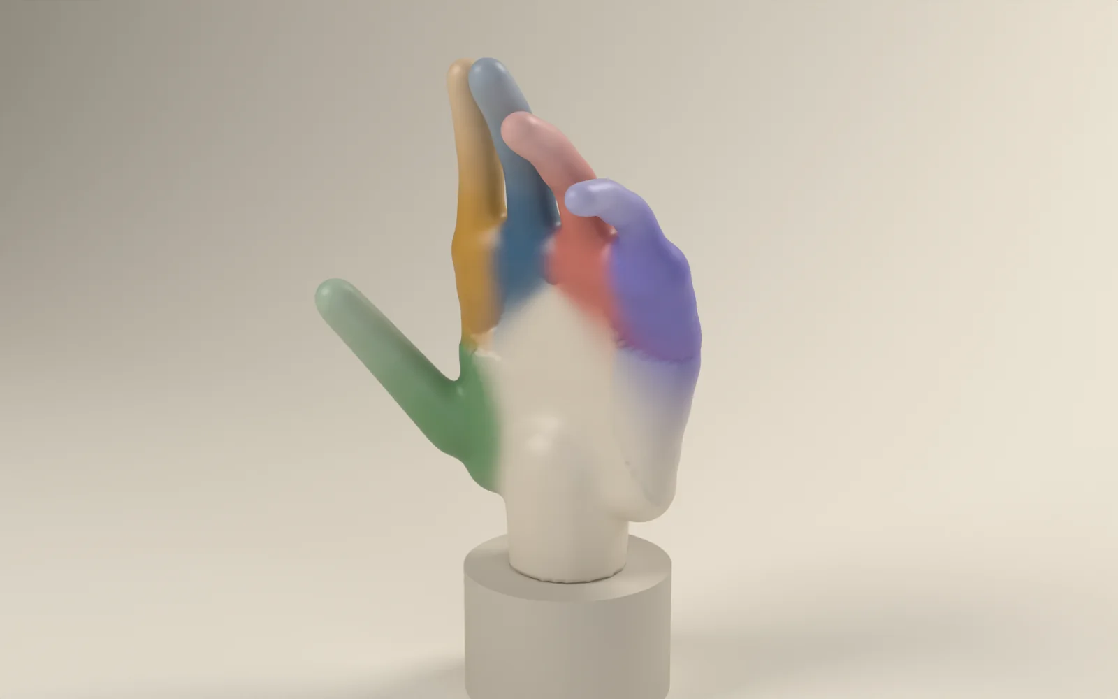 A rigged stylised hand on a concrete plinth, each finger tinted by the bone that controls it, fingers gently curled