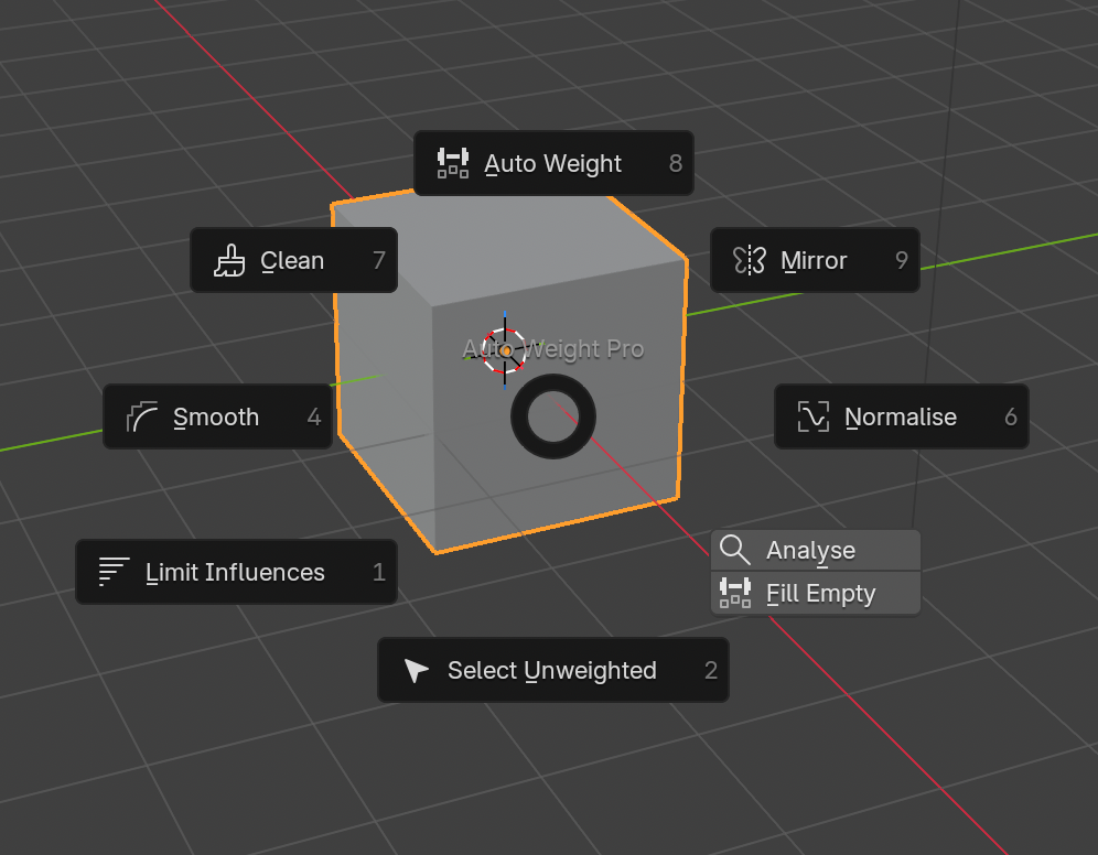 The Auto Weight Pro pie menu in Blender