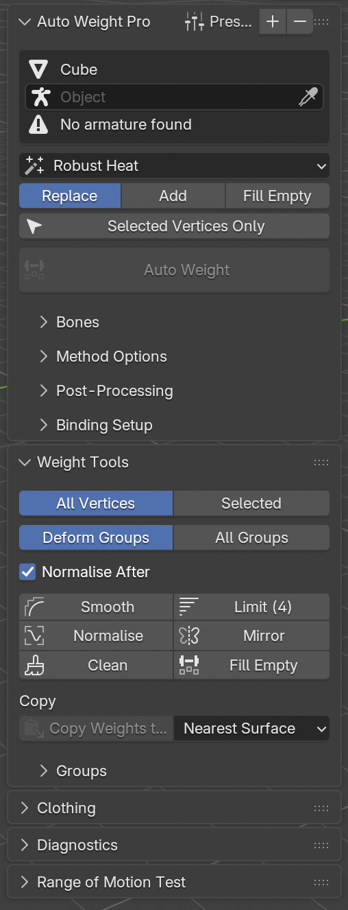 The Auto Weight Pro sidebar panel in Blender