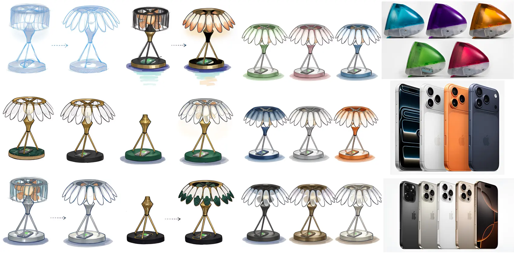 Grid of AuraBloom form, finish and colourway iterations with product colour references