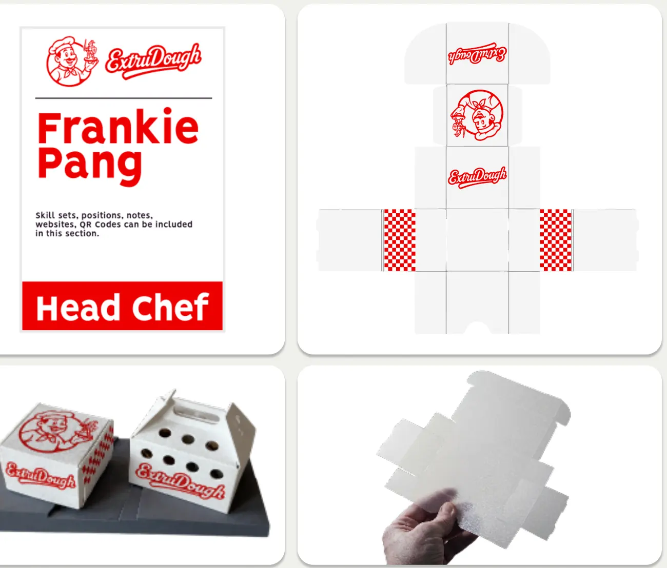 ExtruDough name tag, folding net, pizza box and pet-carrier box