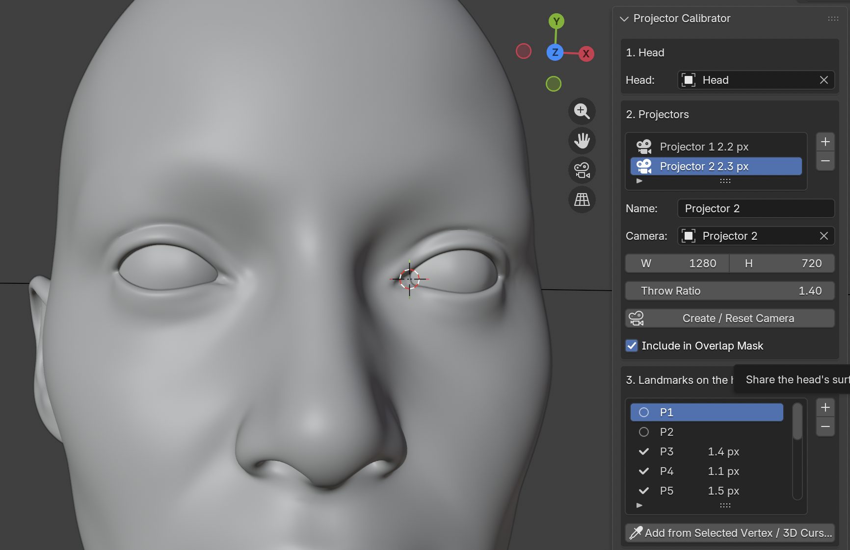 Screenshot: landmarks placed on the digital head in Blender