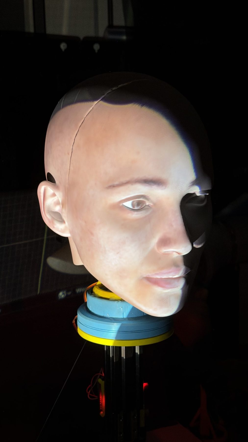 Every projected landmark on its physical feature, with the face wrapped onto the head