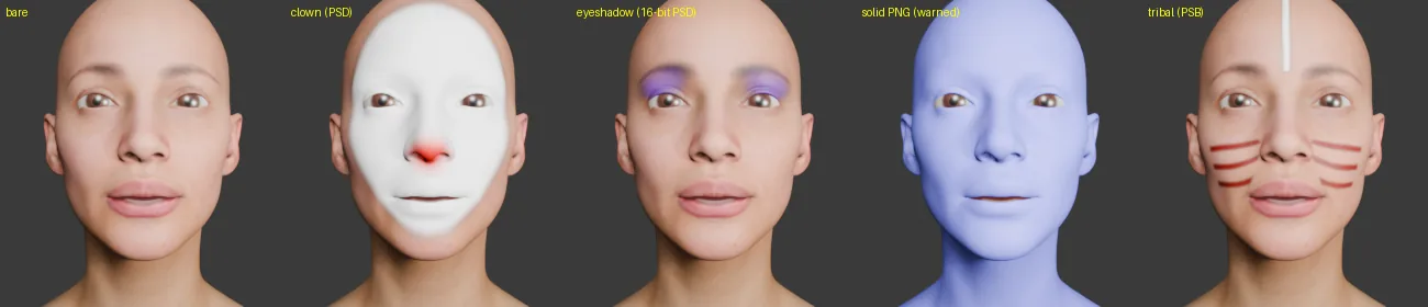 Five renders: bare, clown from PSD, eye shadow from 16-bit PSD, solid colour failure, tribal from PSB