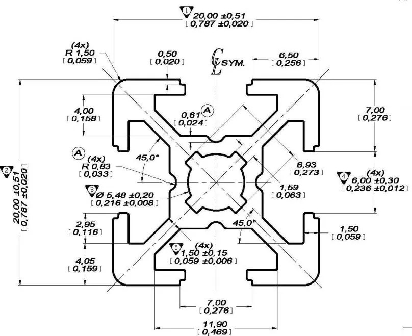 Dimensioned drawing of the 2020 extrusion profile