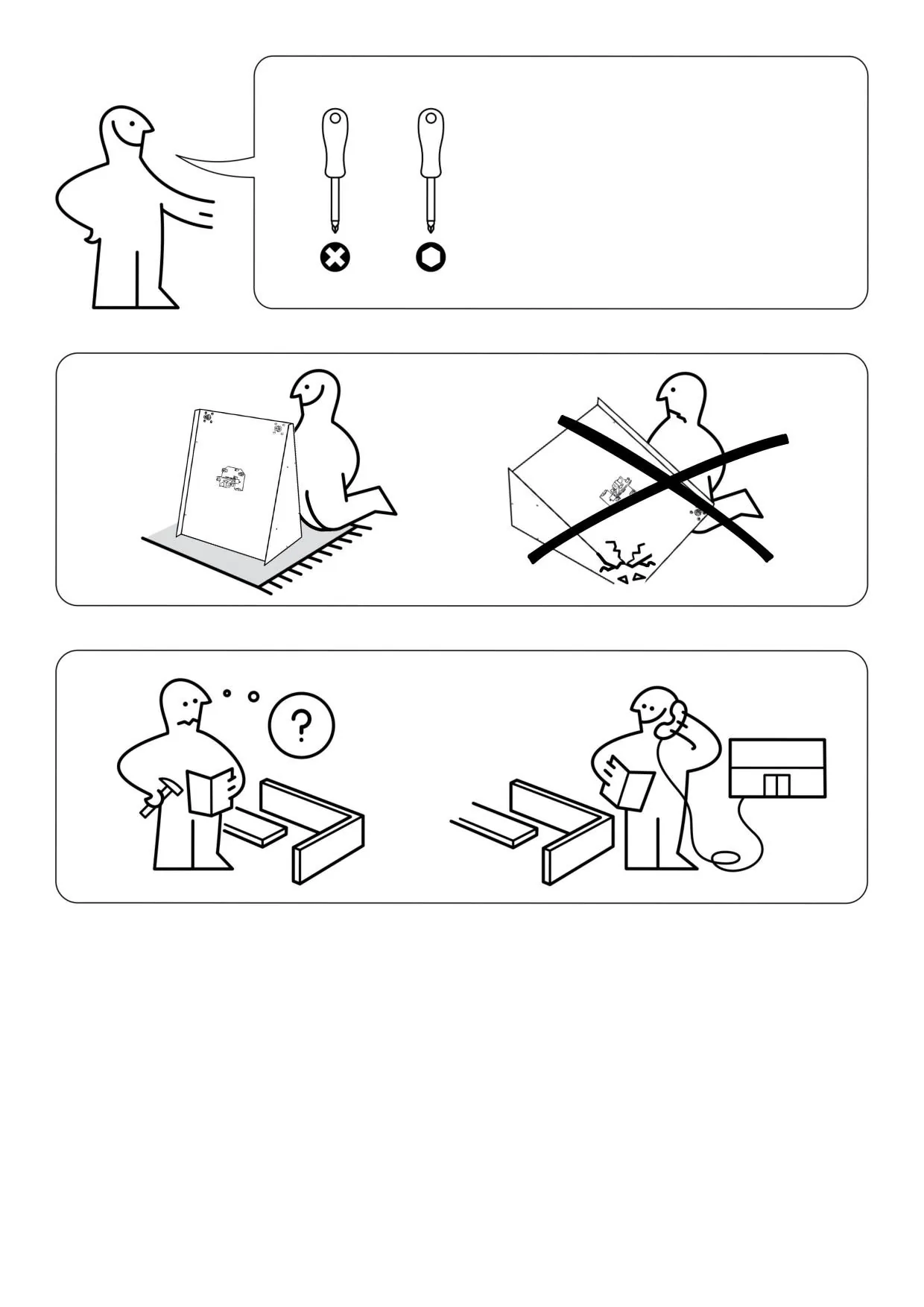 IKEA-style pictograms: the tools you need, work on a soft surface, call for help if unsure