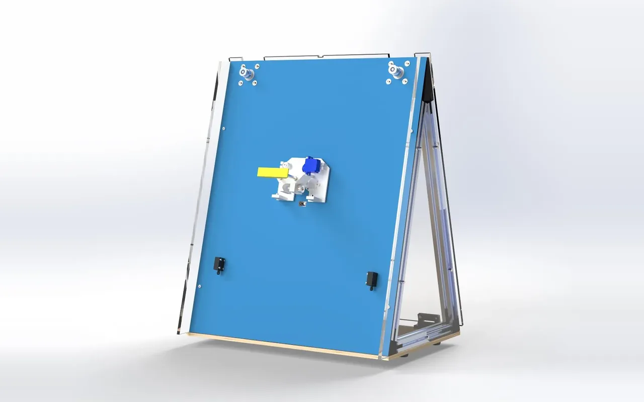 SolidWorks render of the SENKI pen plotter: a blue drawing board on an aluminium A-frame