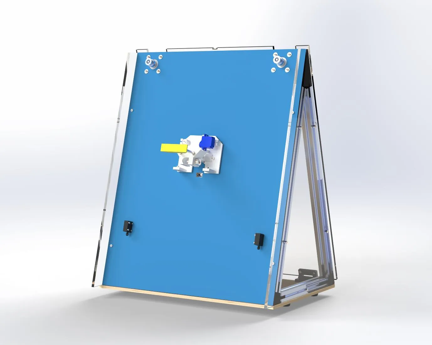 SolidWorks render of SENKI from the front: a blue drawing board on an A-frame of aluminium extrusion, with the pen carriage hanging from two belts