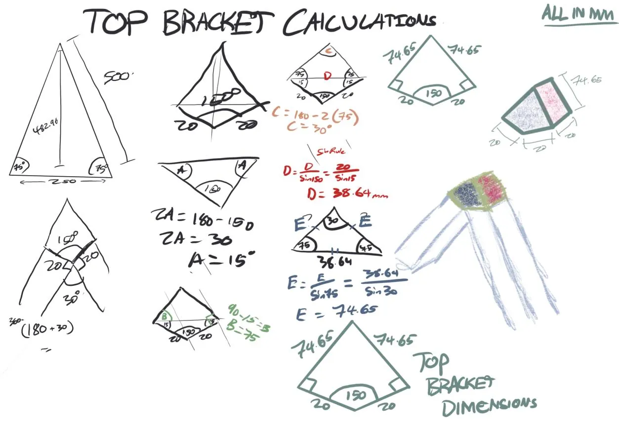Hand calculations for the top bracket using the sine rule, with the bracket's dimensions
